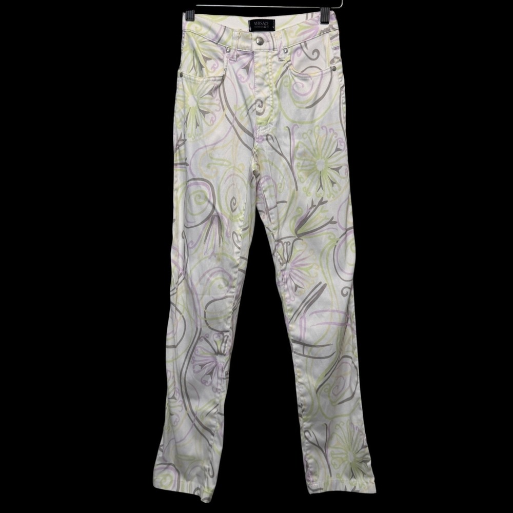 Vtg Versace Womens Classic V2 Pants 26 White Pastel Floral Print Retro Designer